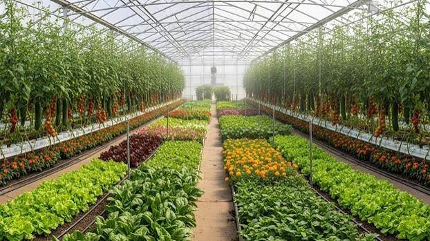 Greenhouse with tomatoes and vegetables